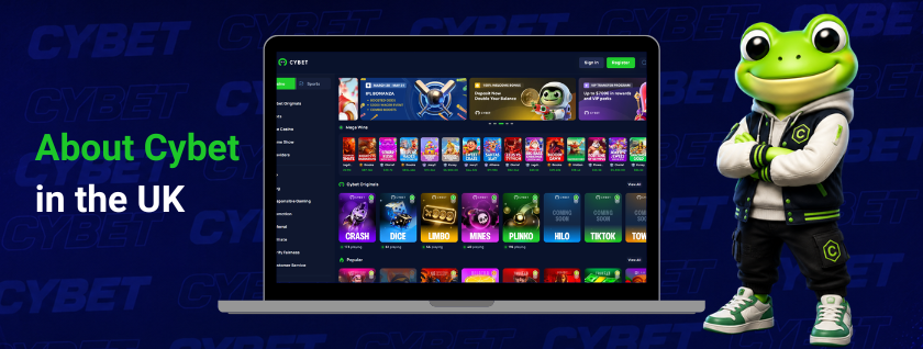 Cybet casino homepage on a laptop displaying game categories and popular titles, a frog mascot, and the text "About Cybet in the UK".