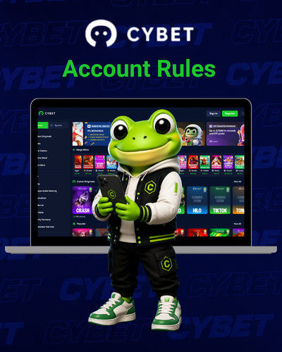 CYBET account rules on laptop with frog mascot