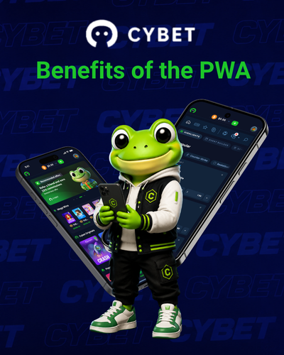 Cybet logo with a frog mascot giving a thumbs up next to two smartphones showing the casino mobile interface, and the text "Benefits of the PWA".