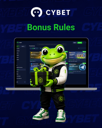 Cybet logo with a frog mascot standing next to a laptop displaying the casino interface, and the text "Bonus Rules".