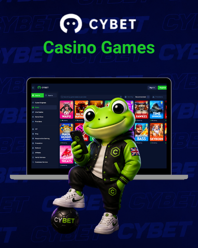 Cybet logo with a frog mascot holding a branded football in front of a laptop displaying the casino game library, and the text "Casino Games".