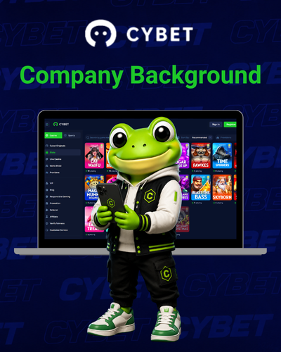 Cybet logo with a frog mascot standing in front of a laptop showing the casino interface, and the text "Company Background".