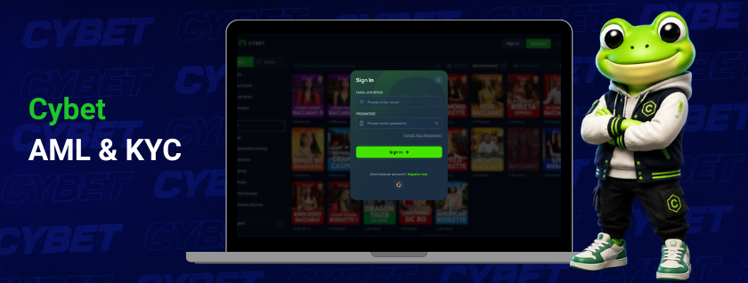CYBET AML and KYC sign in on laptop with frog mascot