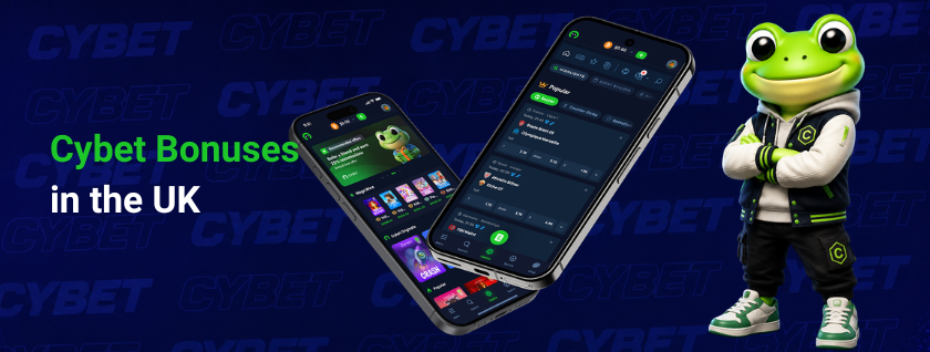 Cybet casino mobile app on two smartphones displaying bonus and betting sections, a frog mascot, and the text "Cybet Bonuses in the UK".