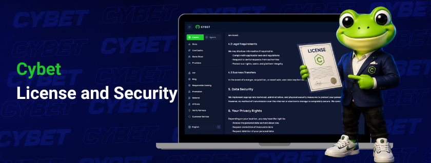 CYBET license and security on laptop with frog mascot holding certificate