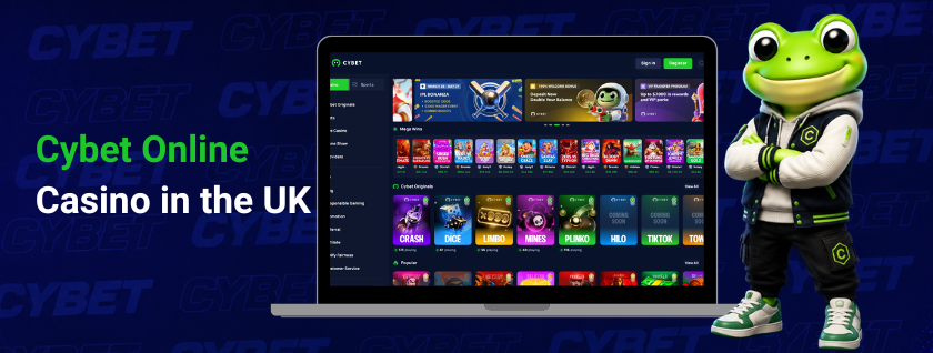 Cybet casino homepage on a laptop showcasing game categories and popular slots, a frog mascot, and the text "Cybet Online Casino in the UK".