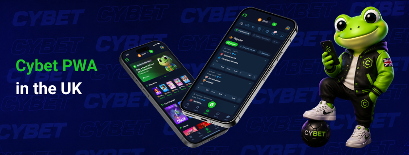 Cybet casino mobile app on two smartphones displaying game and betting sections, a frog mascot with a branded football, and the text "Cybet PWA in the UK".