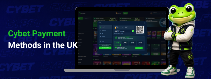 Cybet casino deposit page on a laptop displaying a QR code and crypto payment options, a frog mascot, and the text "Cybet Payment Methods in the UK".