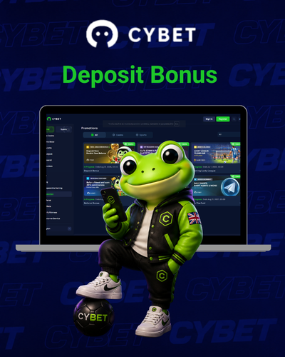 Cybet logo with a frog mascot holding a branded football in front of a laptop showing the casino platform, and the text "Deposit Bonus".