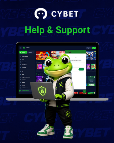 Cybet logo with a frog mascot holding a laptop showing the live chat window, and the text "Help & Support".