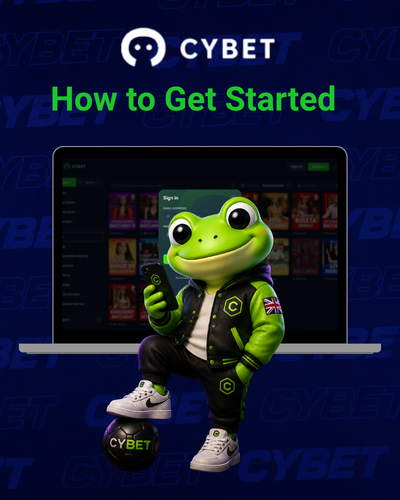 Cybet logo with a frog mascot next to a laptop displaying the casino registration page, and the text "How to Get Started".