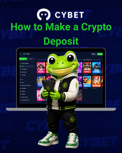 Cybet logo with a frog mascot standing in front of a laptop showing the casino wallet interface, and the text "How to Make a Crypto Deposit".
