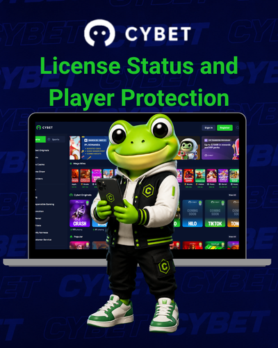 CYBET license status and player protection on laptop with frog mascot