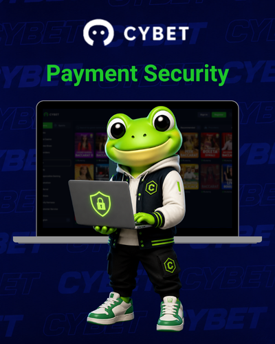 Cybet logo with a frog mascot holding a laptop with a security shield icon, the casino platform visible in the background, and the text "Payment Security".