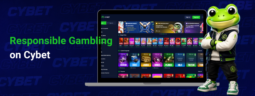 CYBET responsible gambling on laptop with frog mascot