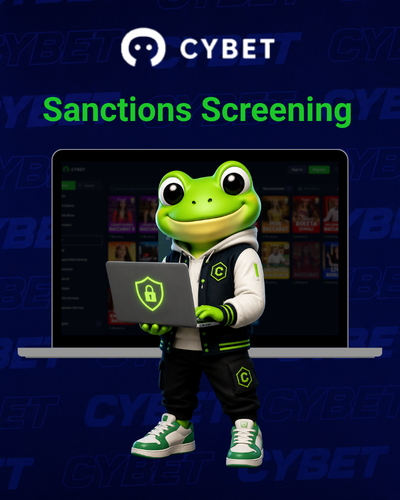 CYBET sanctions screening on laptop with frog mascot holding shield