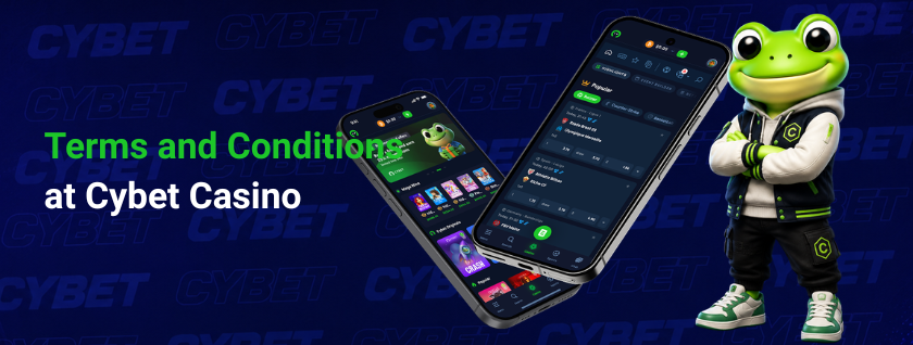 CYBET casino terms and conditions on mobile with frog mascot